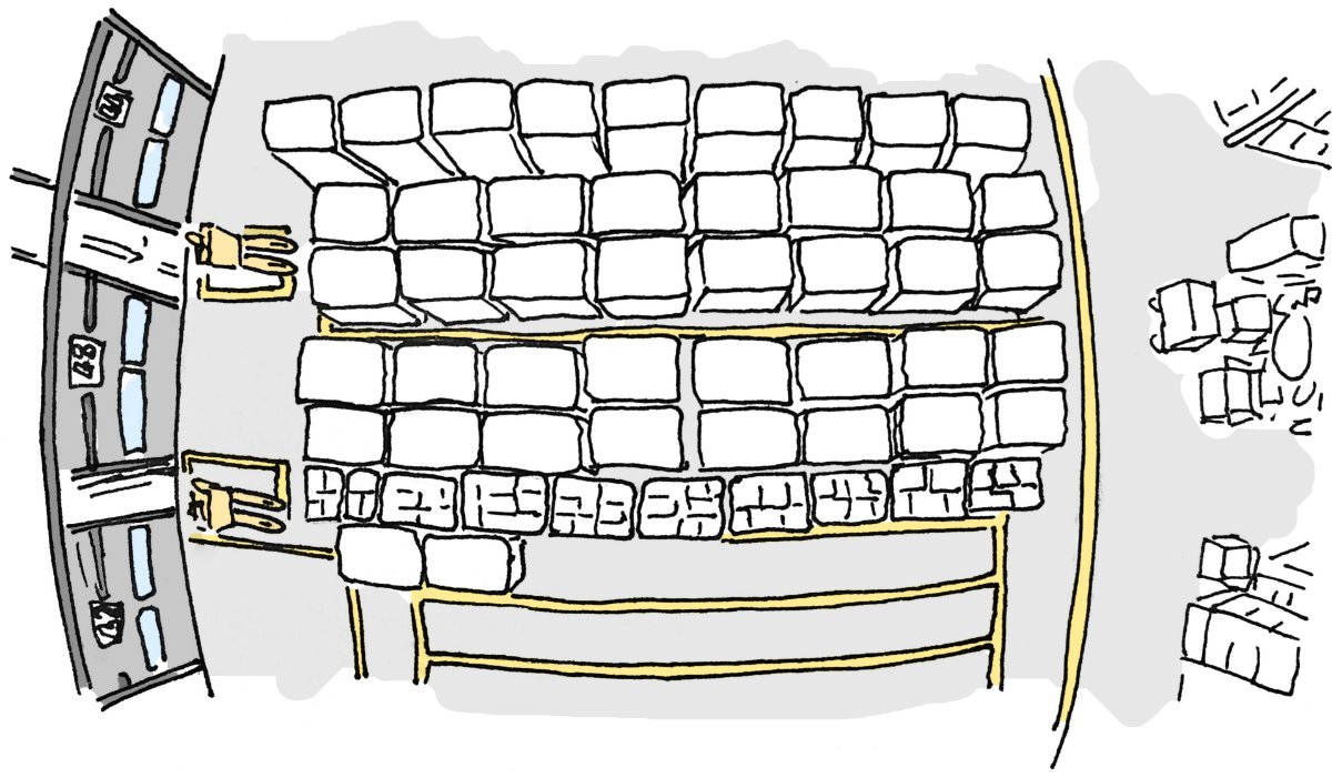 Warehouse inflow area bird eye view from a camera. Due to contractual agreements, a sketch is shown in place of actual footage.