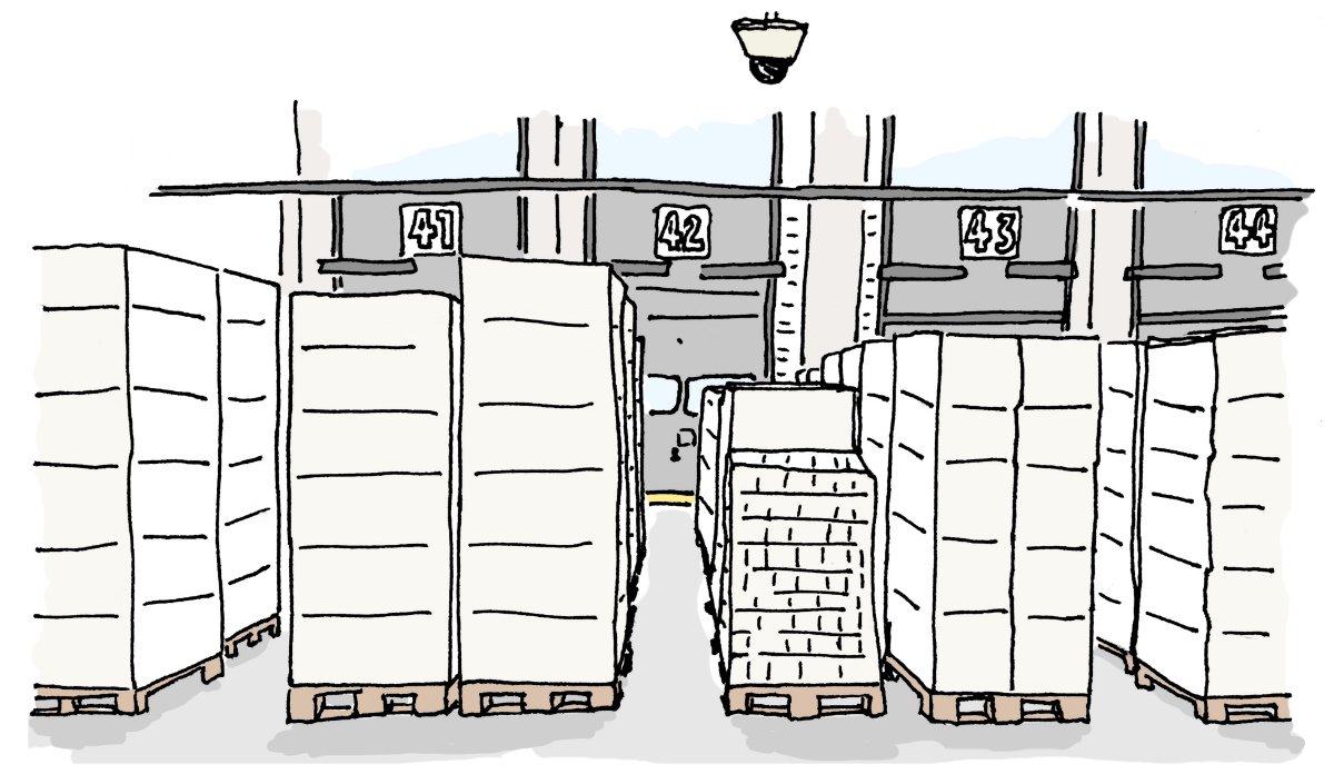 Warehouse inflow area with a camera overhead. Due to contractual agreements, a sketch is shown in place of actual footage.