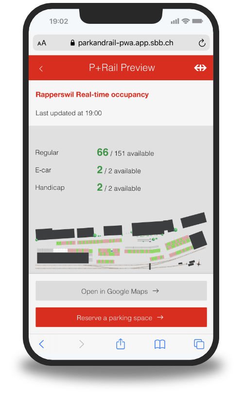 Parquery results are displayed on SBB Park-and-Rail Smartphone App